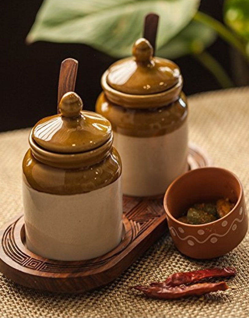 Pickle Jars 250gm with Spoon & Hand Carved Tray - Pack of 2